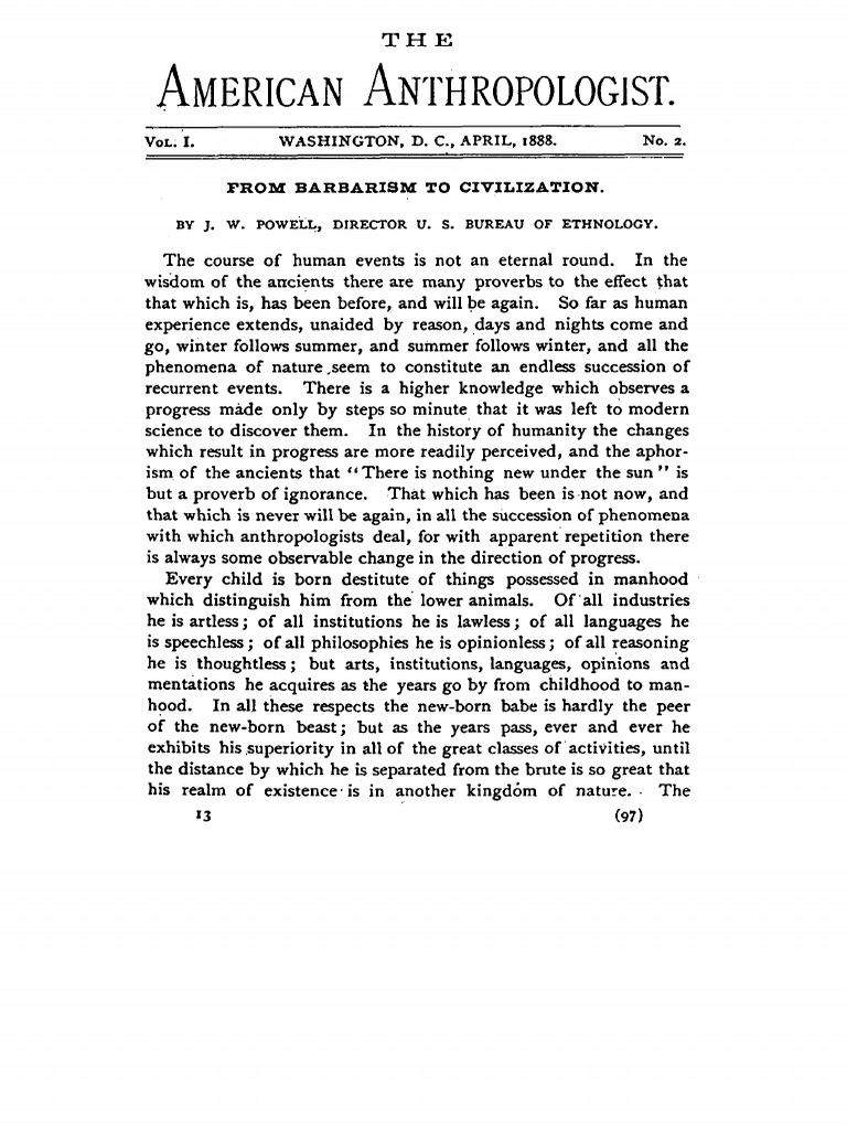 American Anthropologist April 1888 POWELL FROM BARBARISM TO