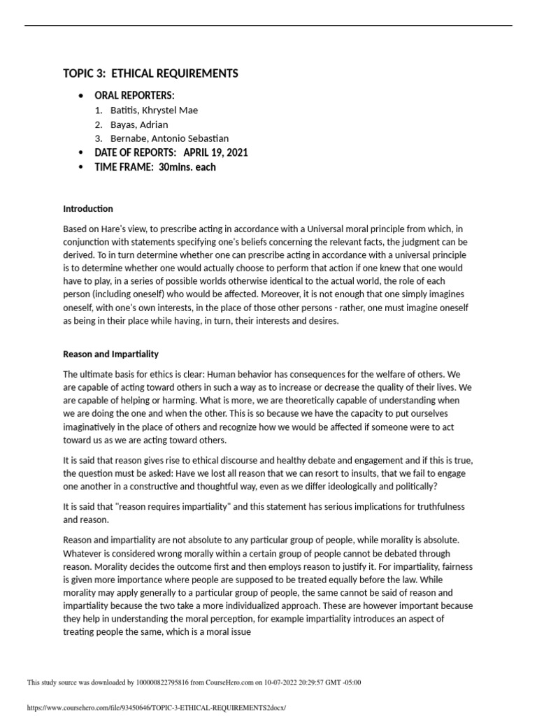 Topic 3 Ethical Requirements 2 | PDF | Reason | Morality