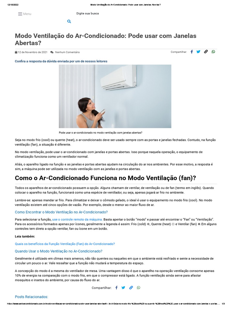 Modo Ventilação Do Ar-Condicionado - Pode Usar Com Janelas Abertas ...