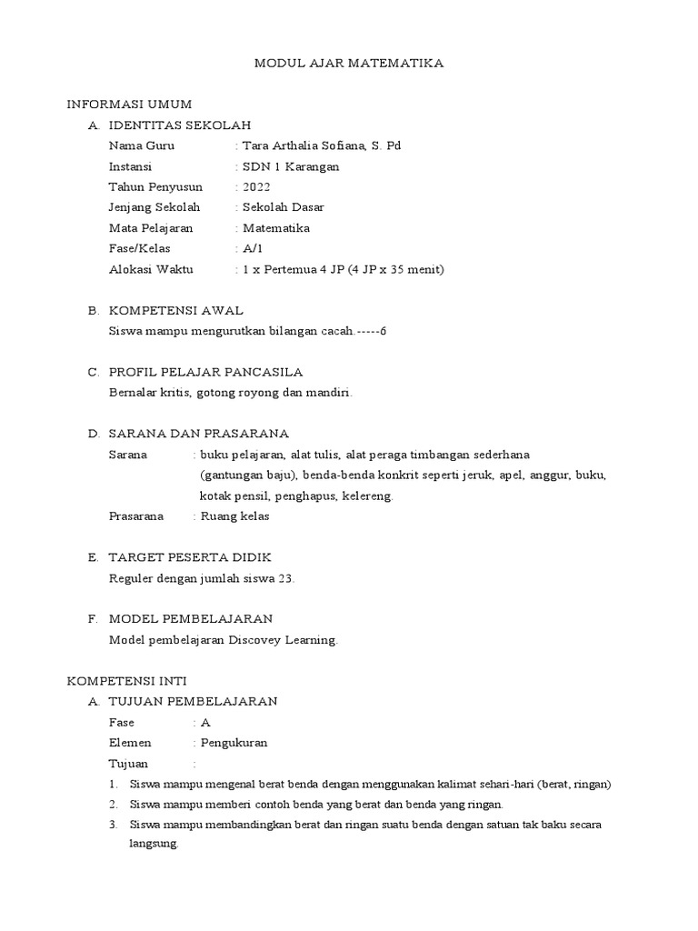 Modul Ajar Matematika Kelas 1 SD | PDF | Karier & Perkembangan ...