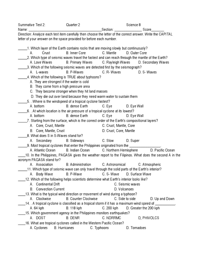 Summative Test 2 Quarter 2 | PDF | Tropical Cyclones | Cyclone