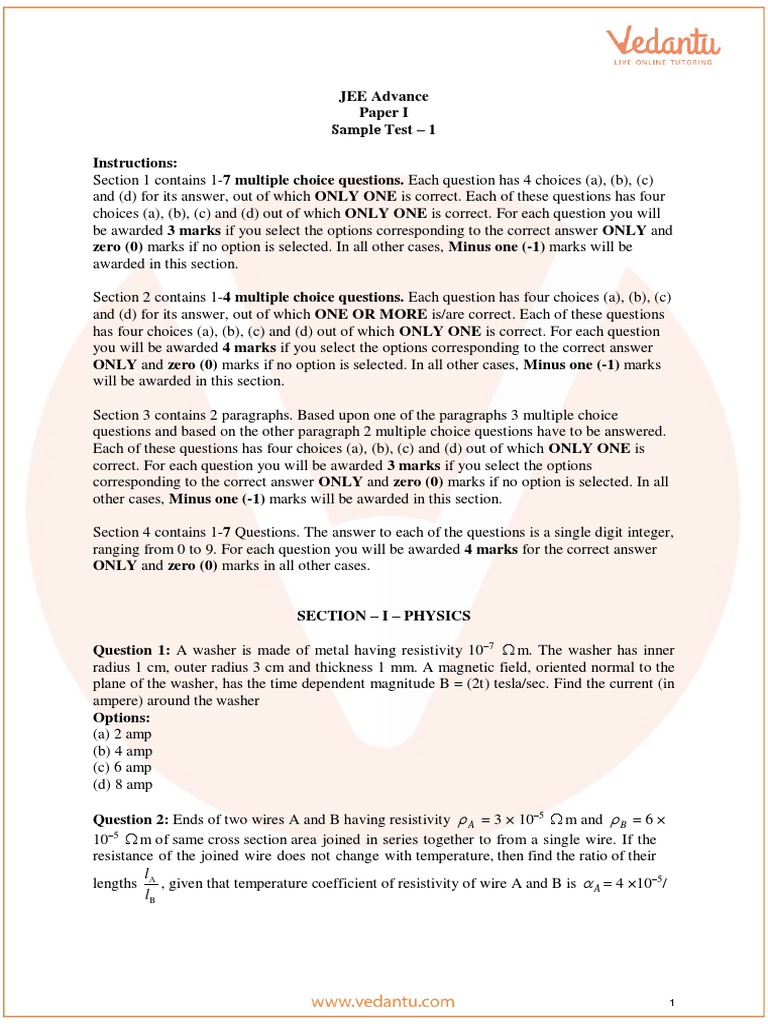 JEE Advanced Paper I Sample Test 1 | PDF | Atoms | Electron