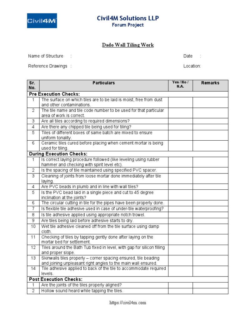 C4M Dado Wall Tiling Work Checklist PDF Tile Adhesive