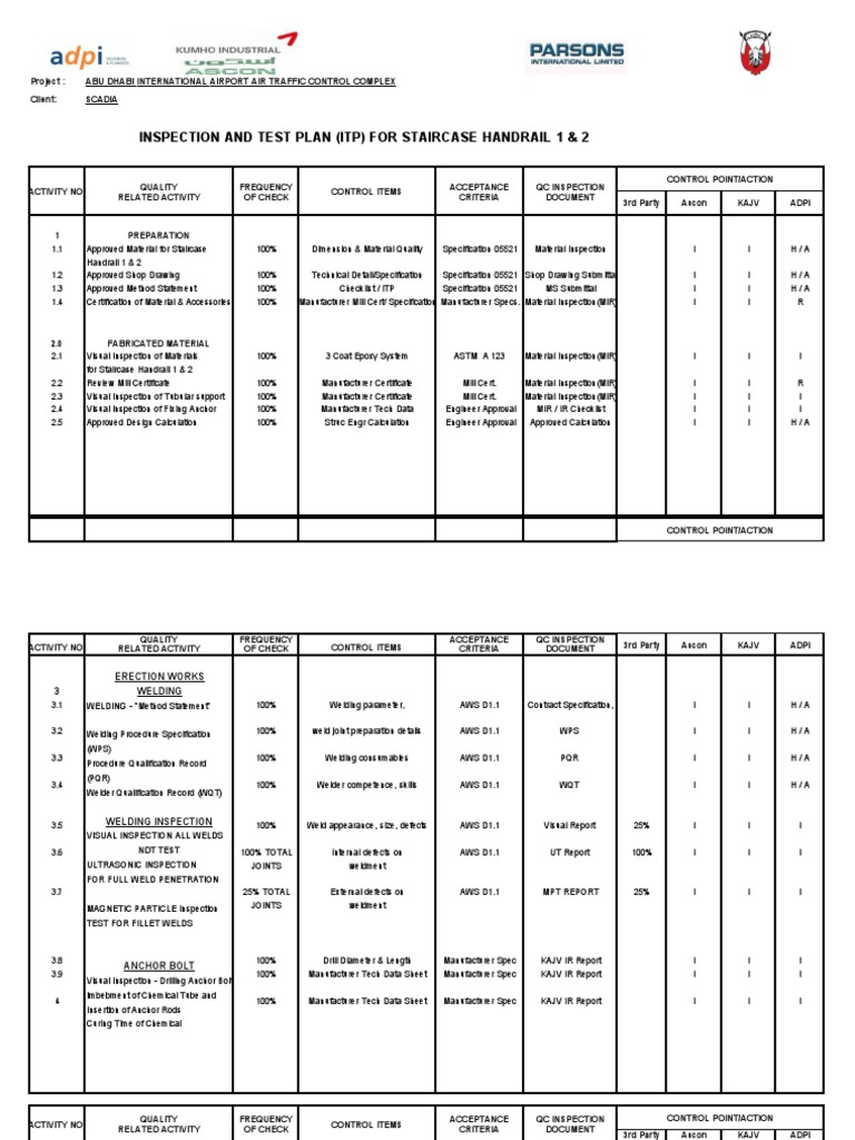 Itp For Staircase Handrail | PDF | Welding | Construction