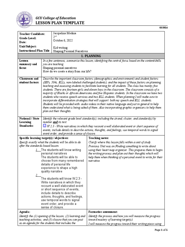 2nd Grade Personal Narrative Lesson Plan | PDF | Vocabulary | Lesson Plan