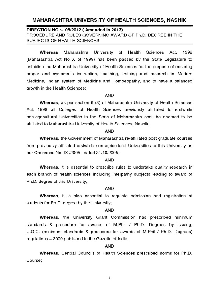 Muhs PHD PROCEDURE AND RULES GOVERNING AWARD OF Ph.D. DEGREE IN THE SUBJECTS OF HEALTH SCIENCES