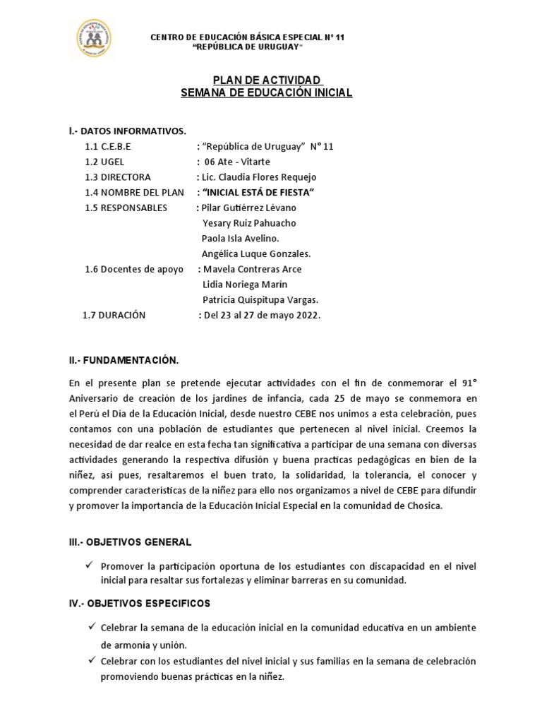 Plan de Semana de Inicial | PDF | Educación de la primera infancia
