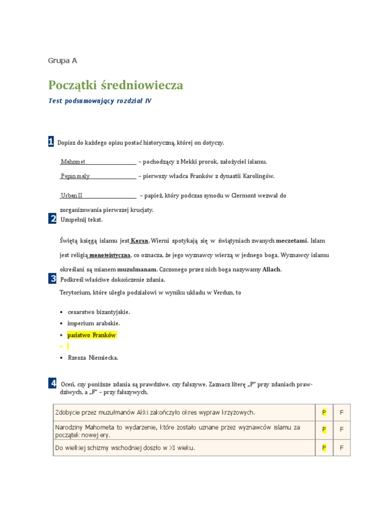 Test Z Historia Klasa 5 Poczatki Panstwa Unii