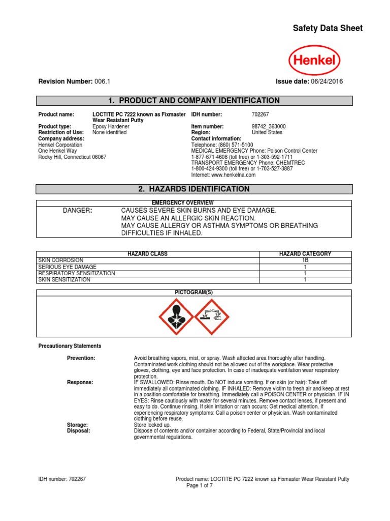 Loctite 98742 SDS PDF Dangerous Goods Ammonia
