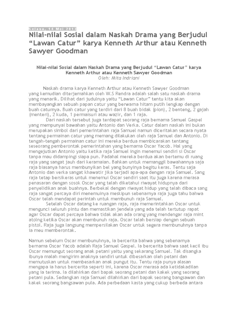 NilaiNilai Sosial Dalam Naskah Drama Yang Berjudul "Lawan Catur" Karya Arthur Atau