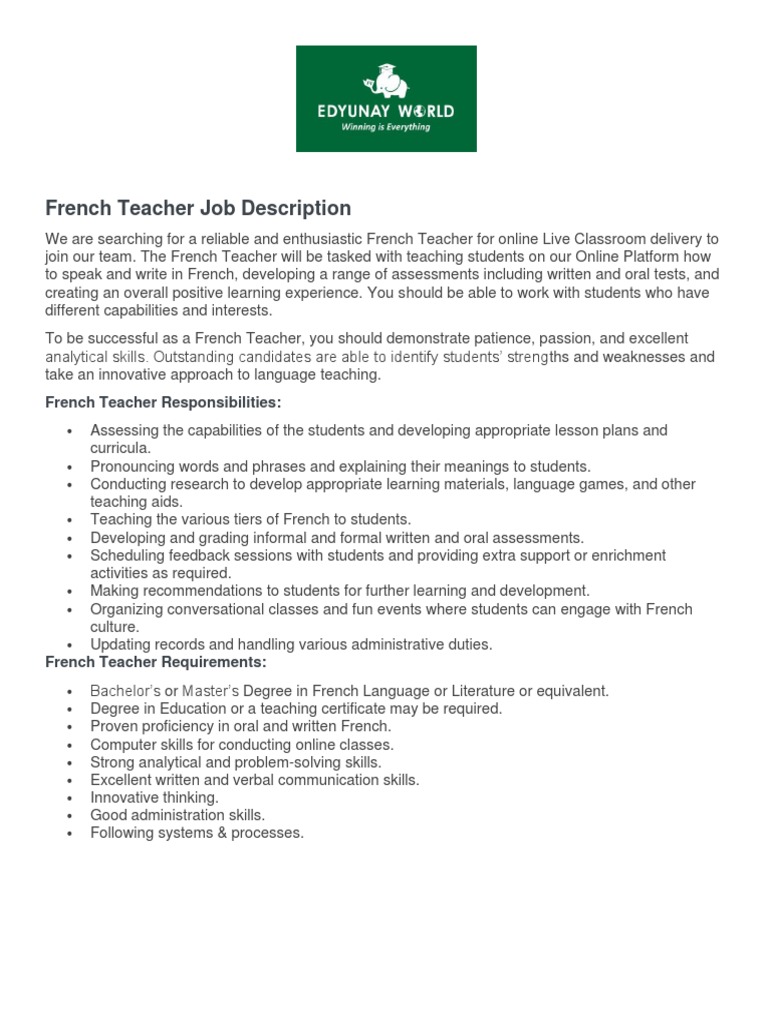 Edyunay French Teacher Job Description PDF