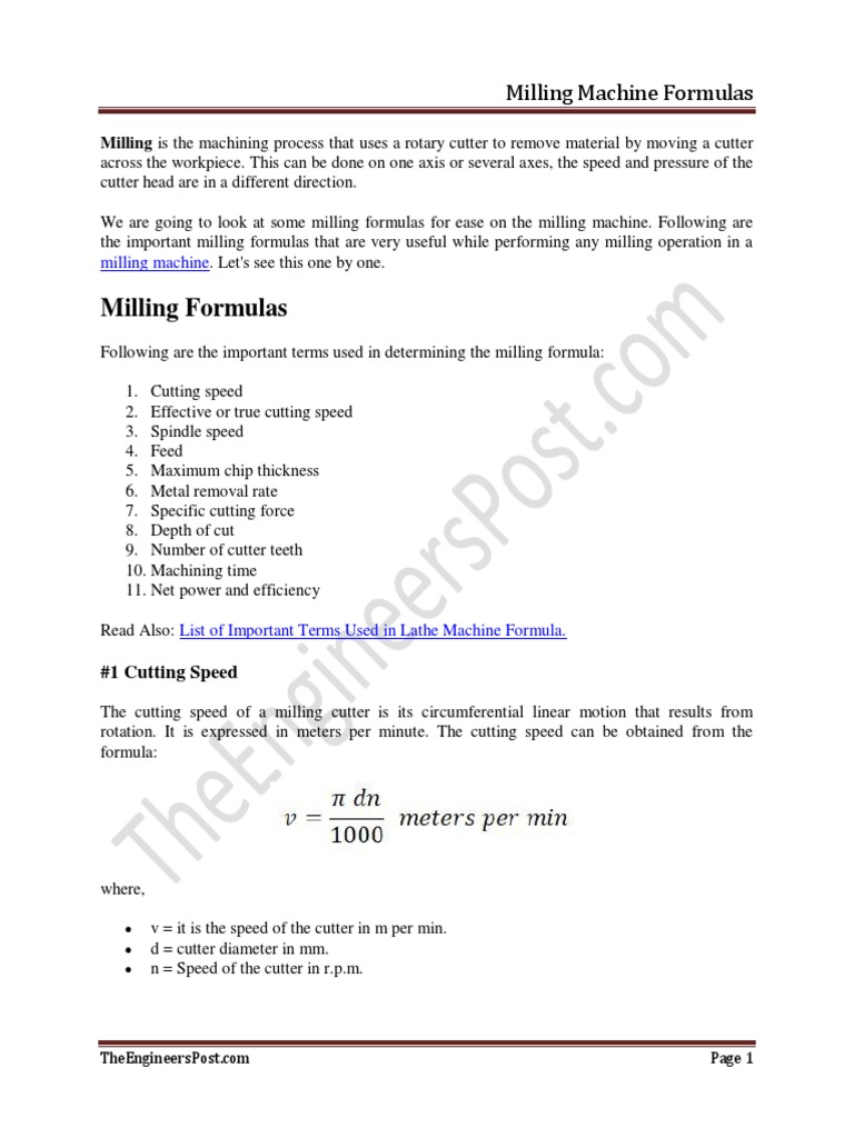 Milling Machine Formulas PDF Machining Mechanics