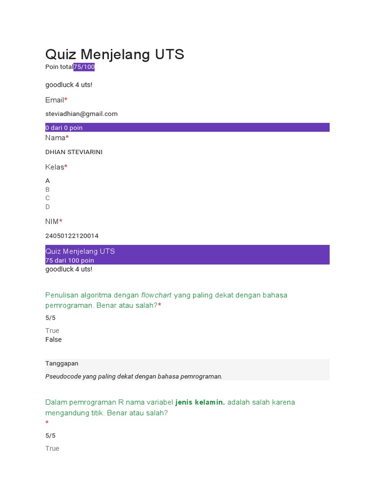 Quiz UTS Pemrograman dan Algoritma | PDF | Teknologi & Rekayasa