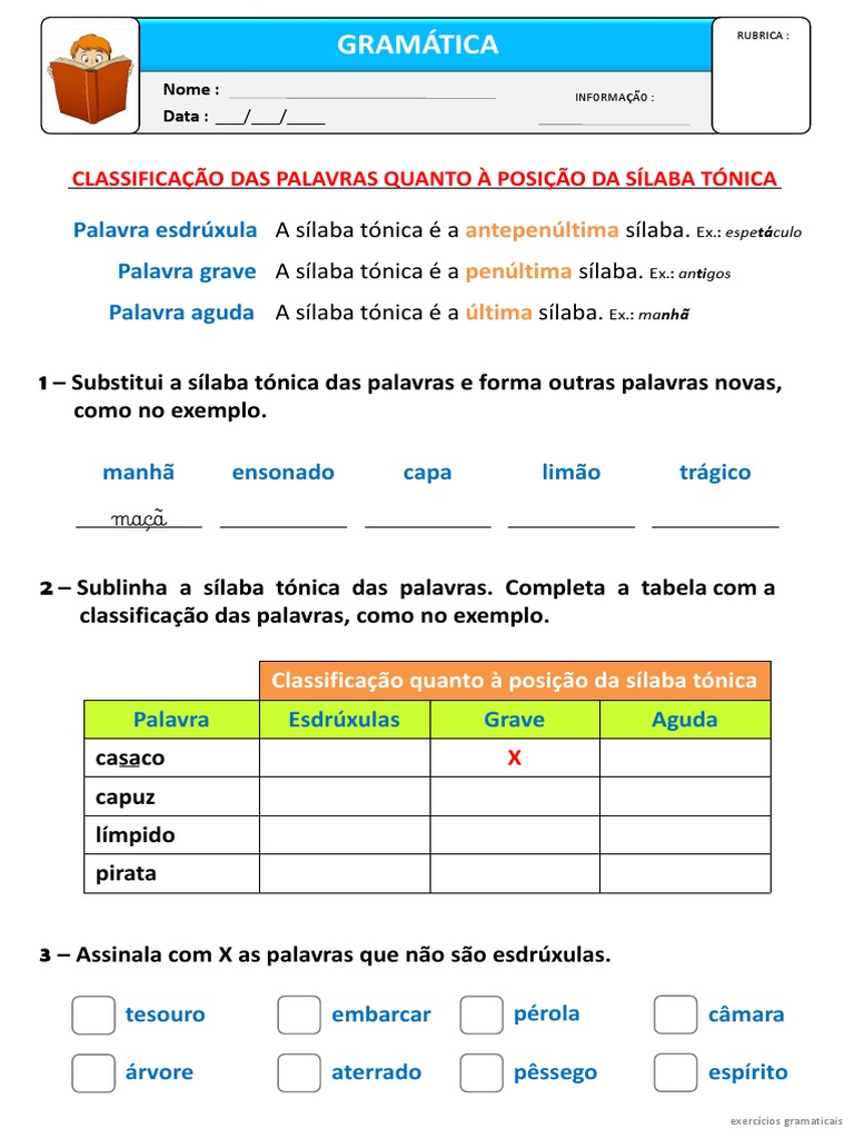 Classificação de palavras quanto à posição da sílaba tônica | PDF ...