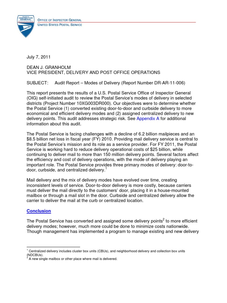 USPS OIG Audit Report Modes of Delivery United States Postal