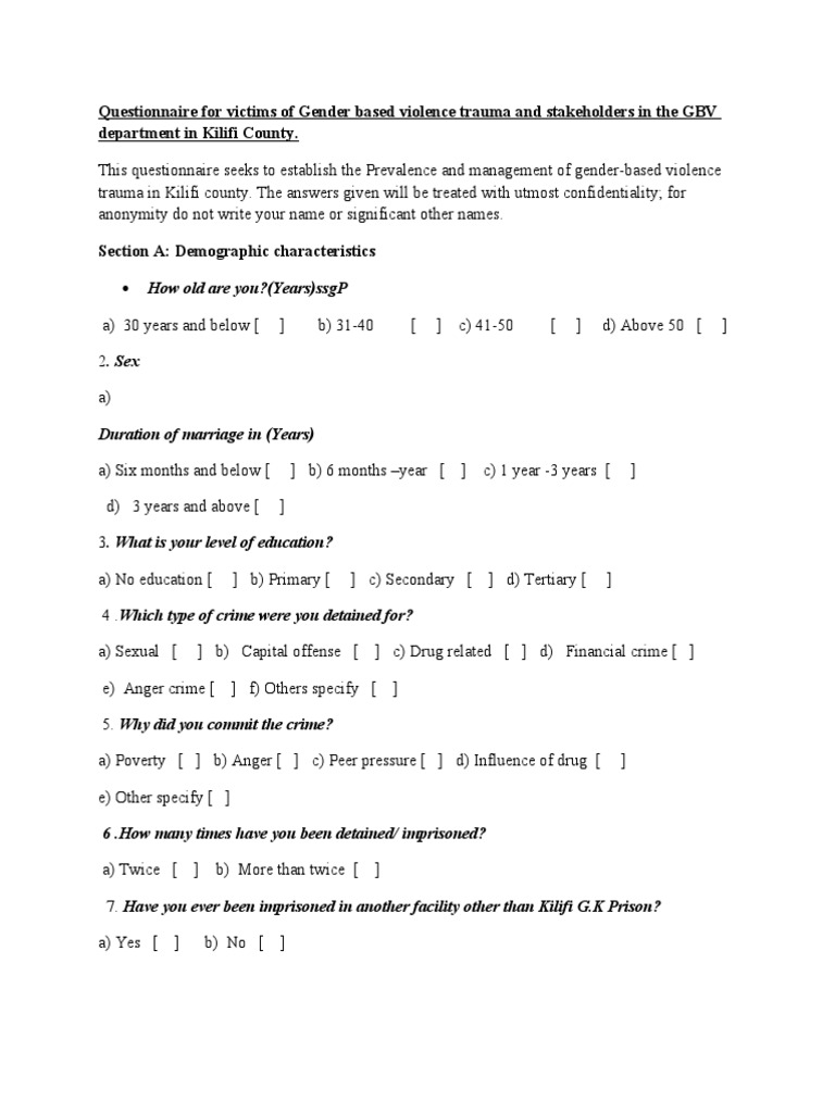 Questionnaire For The Inmates at Kilifi G | PDF | Recidivism | Prison