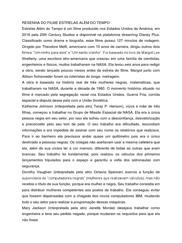 Resenha do filme Estrelas Além do Tempo | PDF