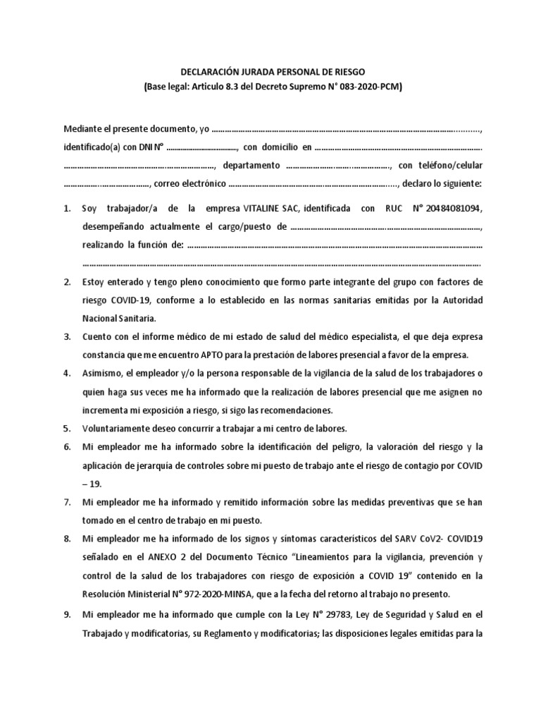 Declaración Jurada Personal de Riesgo | PDF