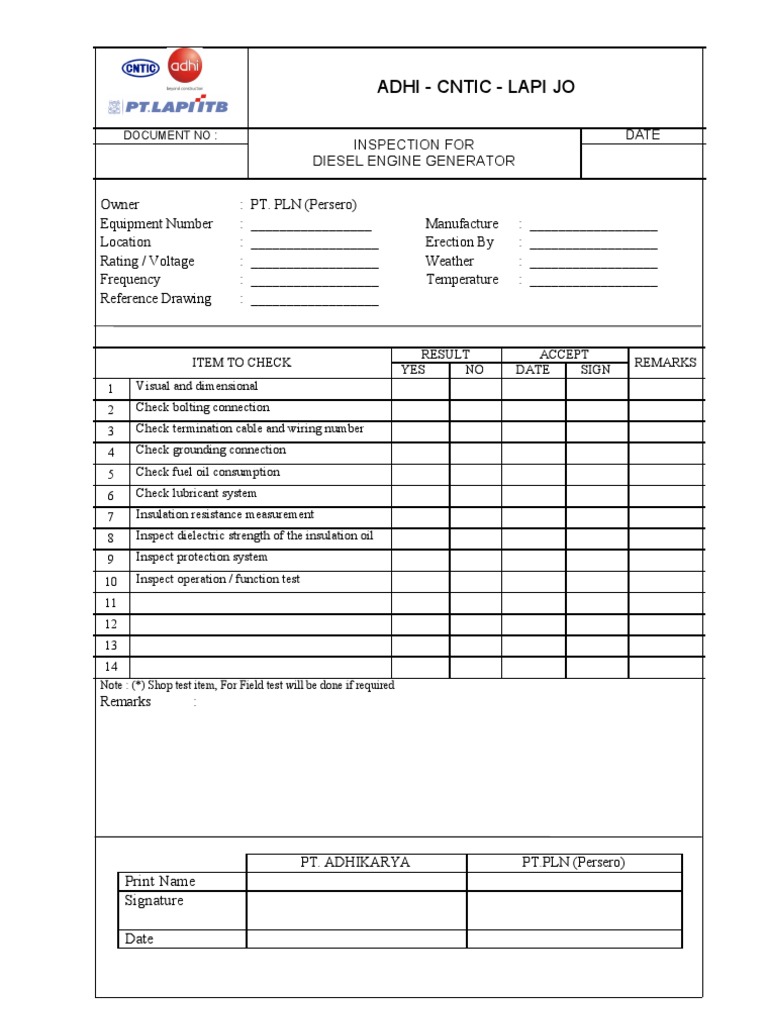 Diesel Generator Inspection Checklist