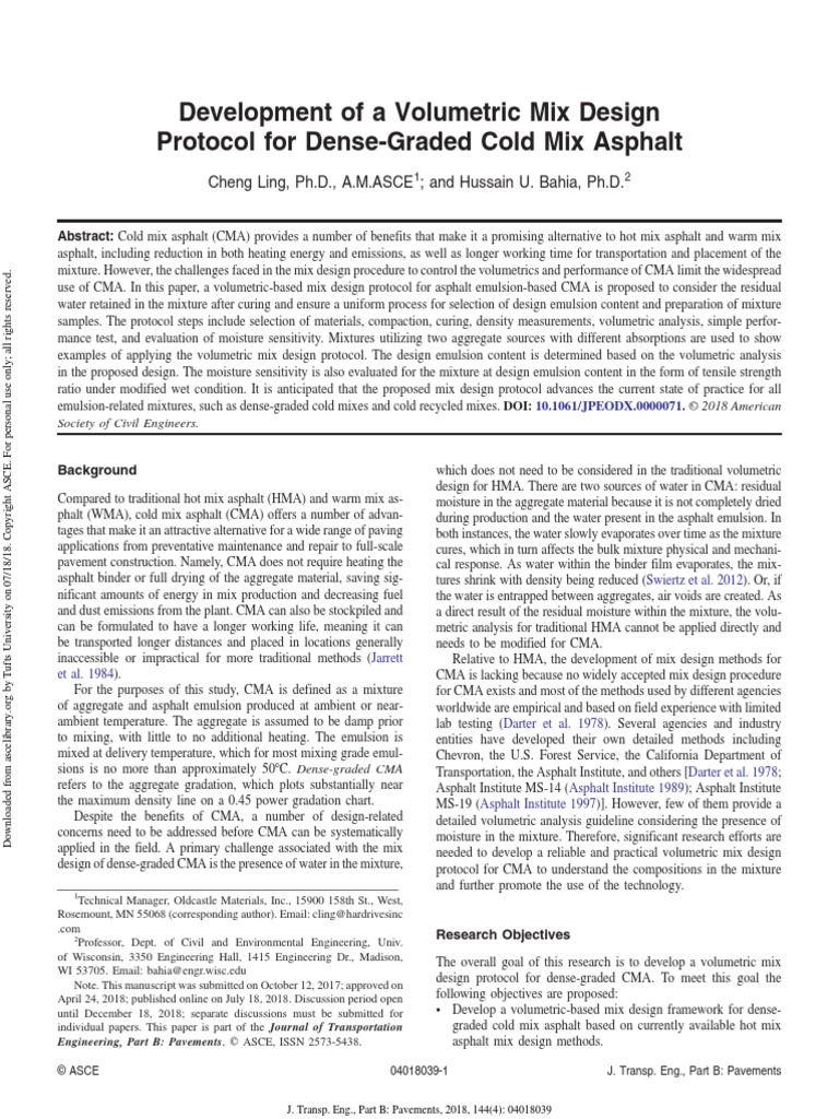 Development of A Volumetric Mix Design Protocol For Dense Graded Cold