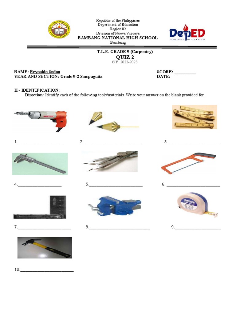 Carpentry Grade 9 Quiz 2 2022 2023 PDF Drilling Drill
