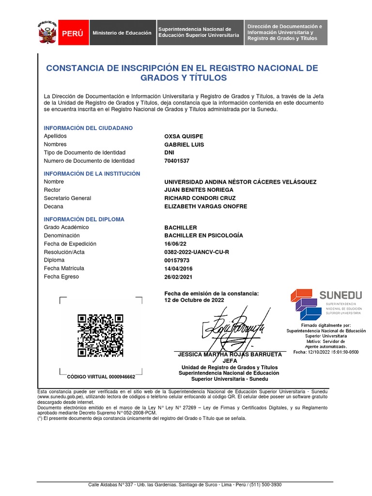 Constancia de inscripci n en el registro nacional de grados y t tulos