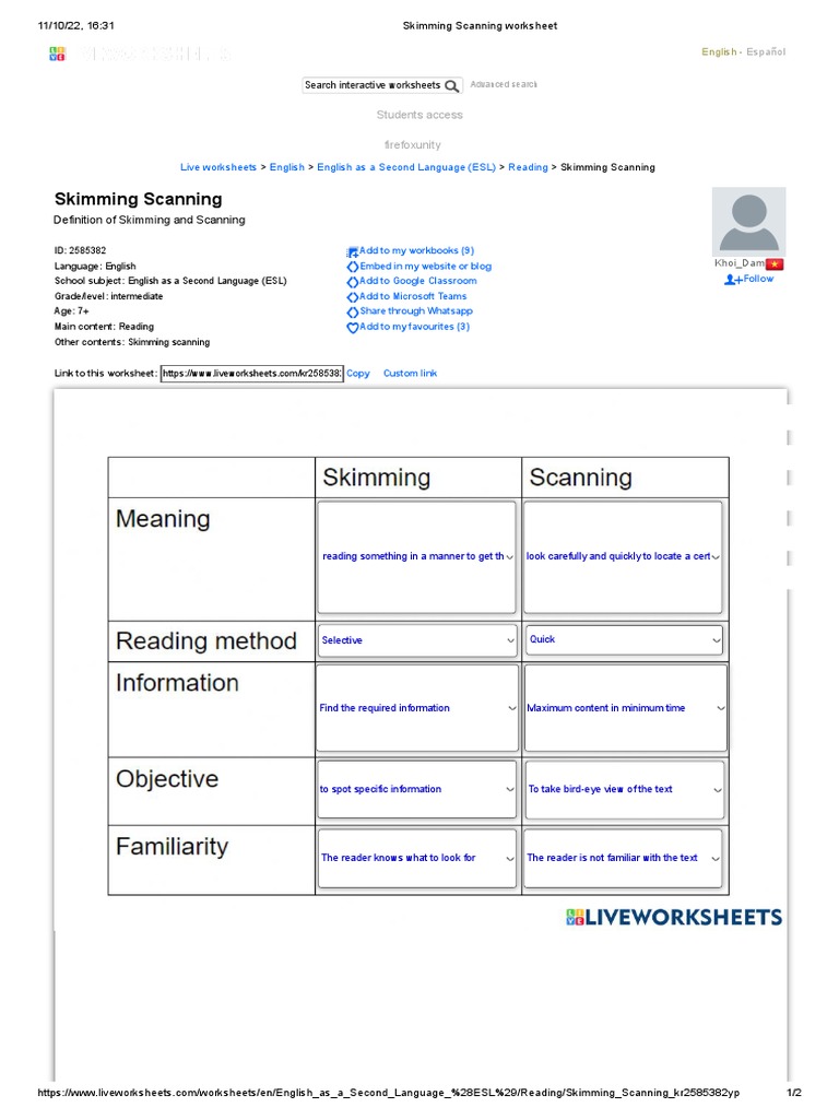 Skimming Scanning Worksheet PDF English As A Second Or Foreign