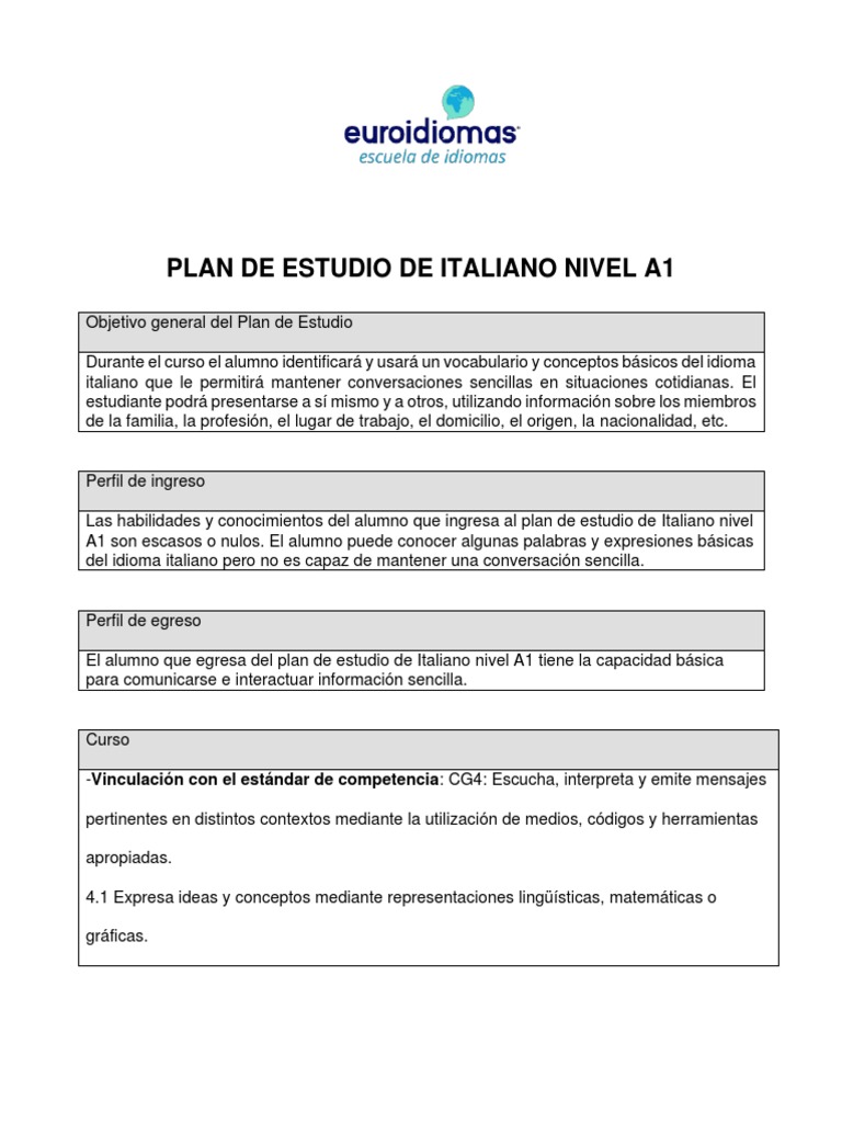 Plan de Estudio Italiano Nivel A1 | PDF | Adjetivo | Plural
