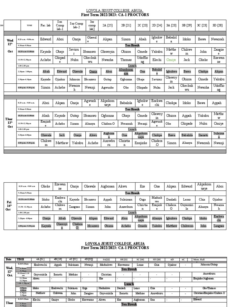 Loyola Jesuit College Proctors Schedule PDF
