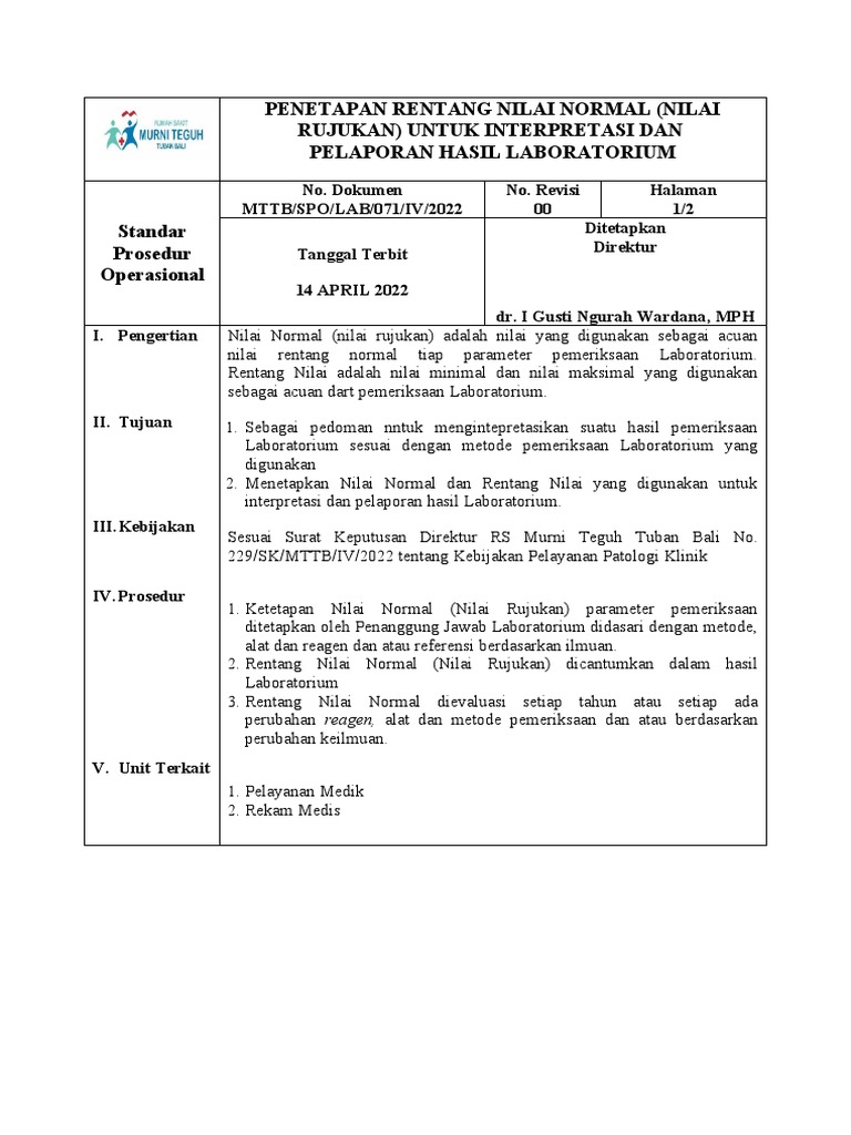 Rentang Nilai Normal Laboratorium | PDF