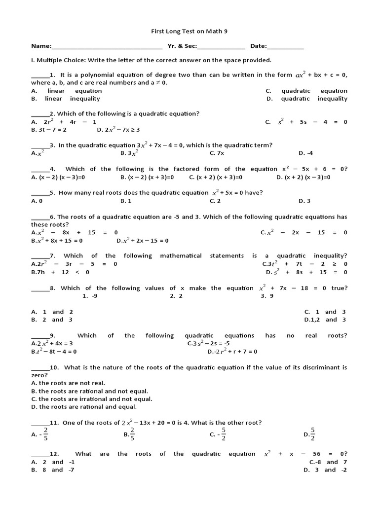 Math 9 Quadratic Equation Test | PDF | Quadratic Equation | Equations