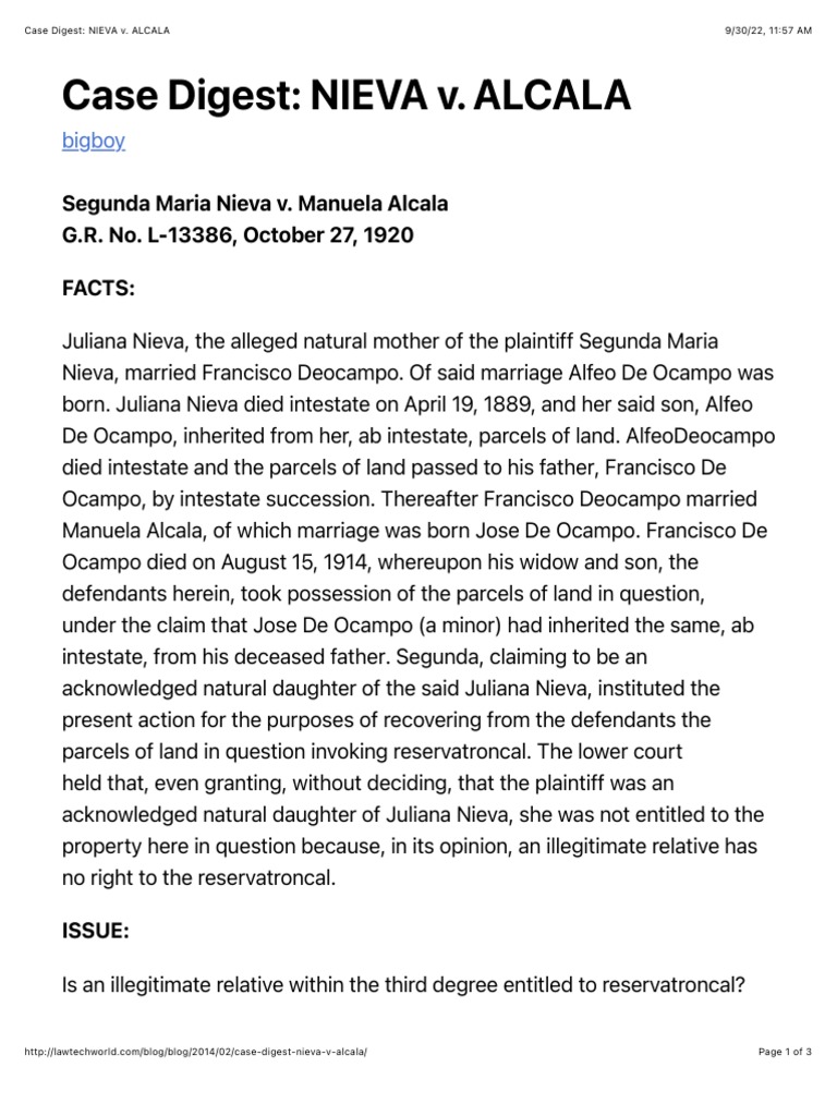 NIEVA v. ALCALA Case Digest Summary | PDF | Intestacy | Marriage