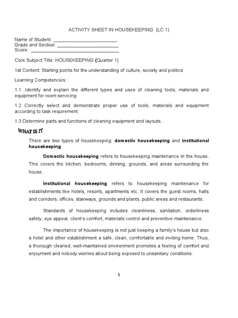 Housekeeping Activity Sheet | PDF | Housekeeping | Room