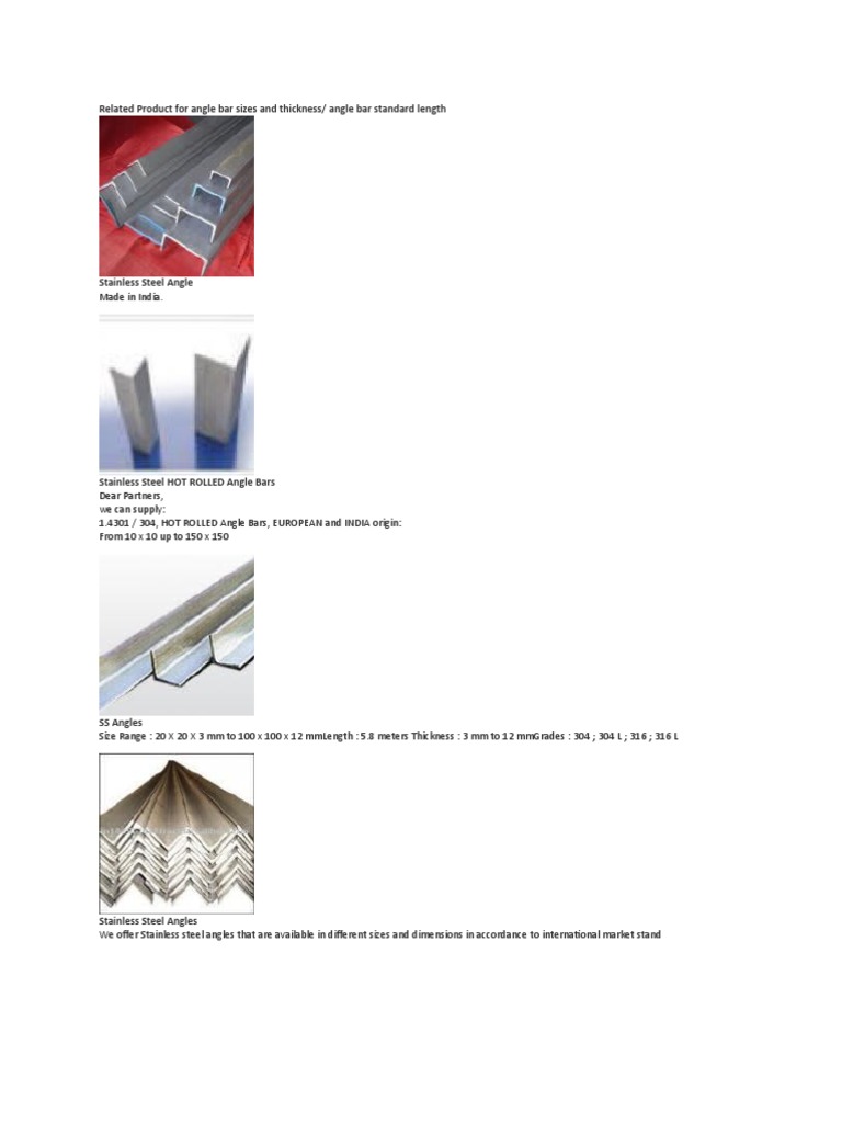 Stainless Steel Angle Sizes Thickness Standard Length PDF