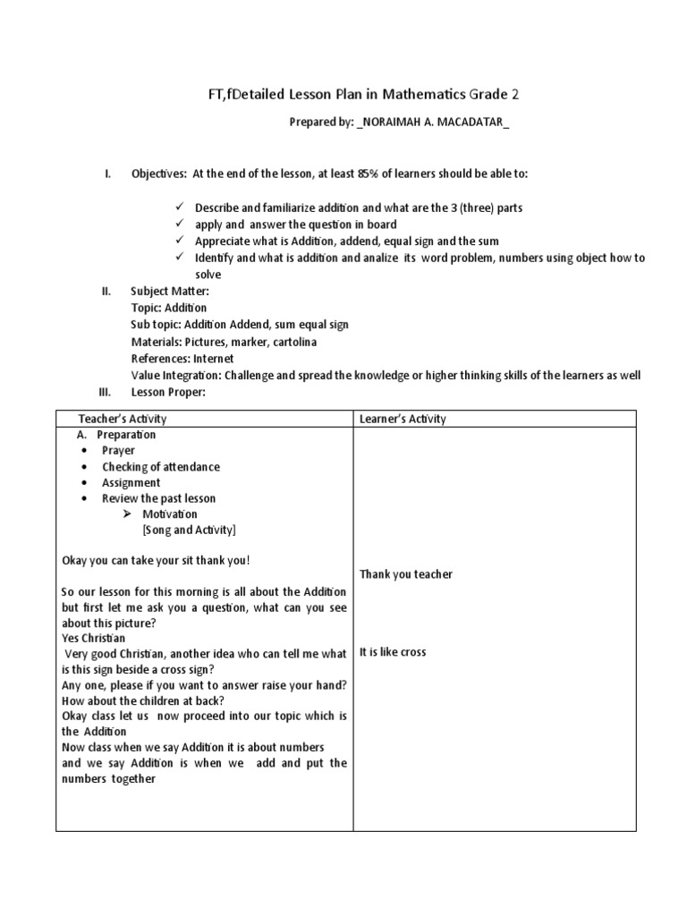 Grade 2 Addition Lesson Plan | PDF | Lesson Plan | Learning