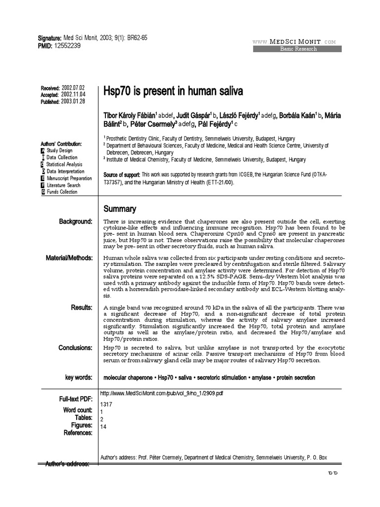 Hsp70 Is Present in Human Saliva PDF