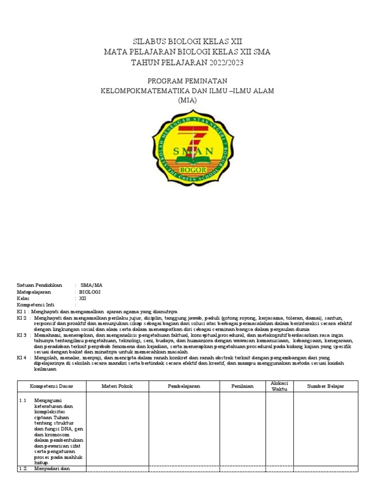 Silabus Biologi Kelas 12 2022/2023 | PDF | Sains & Matematika