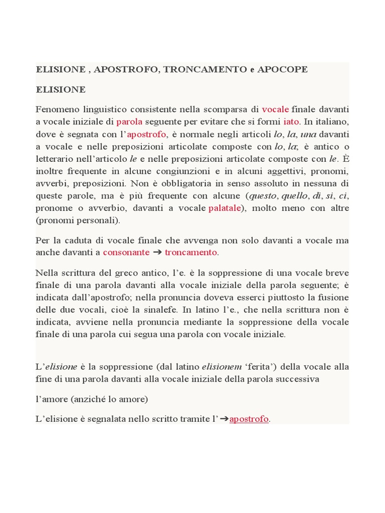 Elisione, Apostrofo, Troncamento e Apocope | PDF