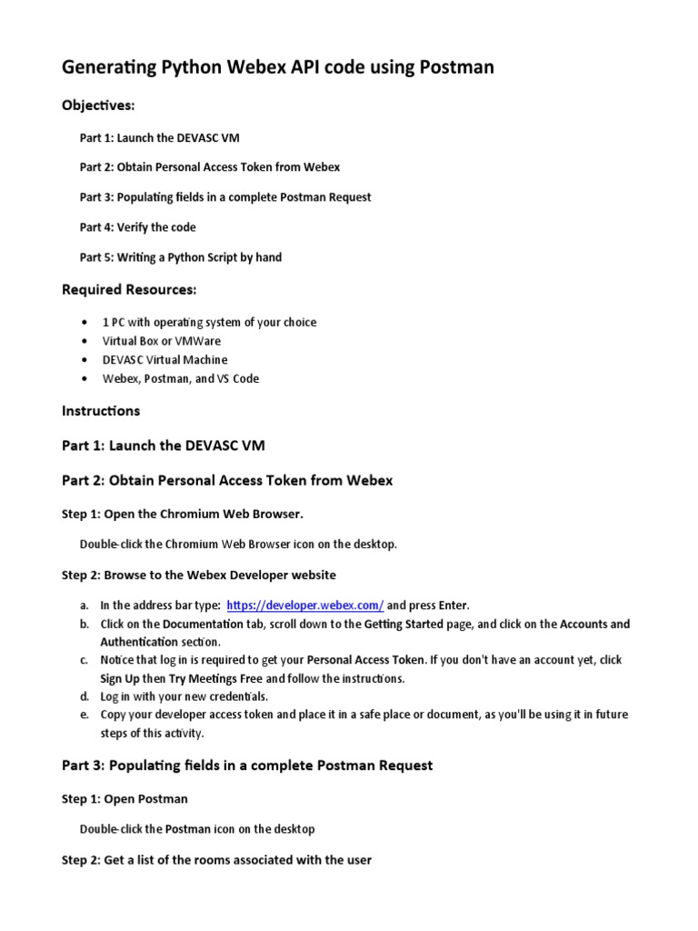 Generating python webex api code using postman pdf icon computing