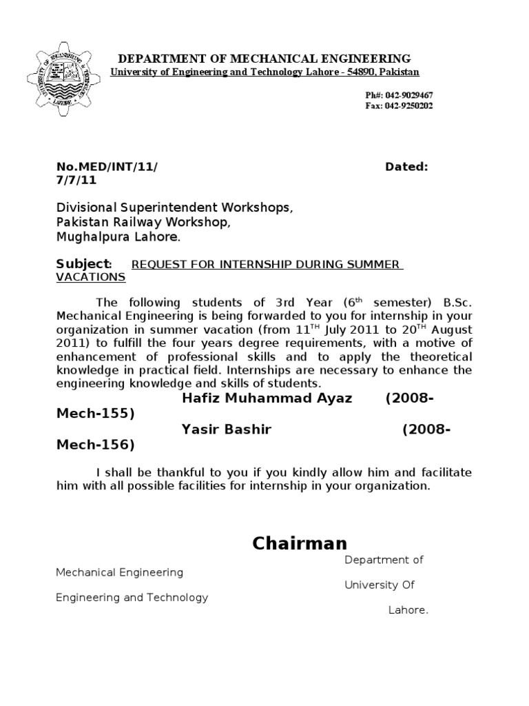 Summer Internship Request for Mechanical Students | PDF