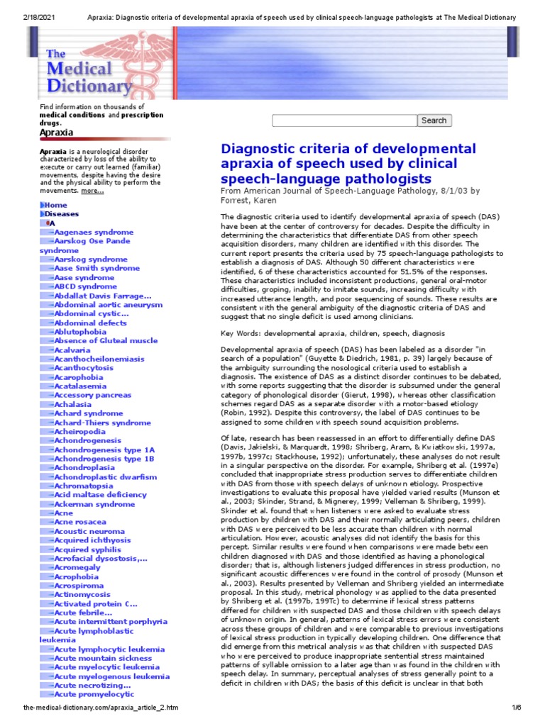 Apraxia Diagnostic Criteria of Developmental Apraxia of Speech Used