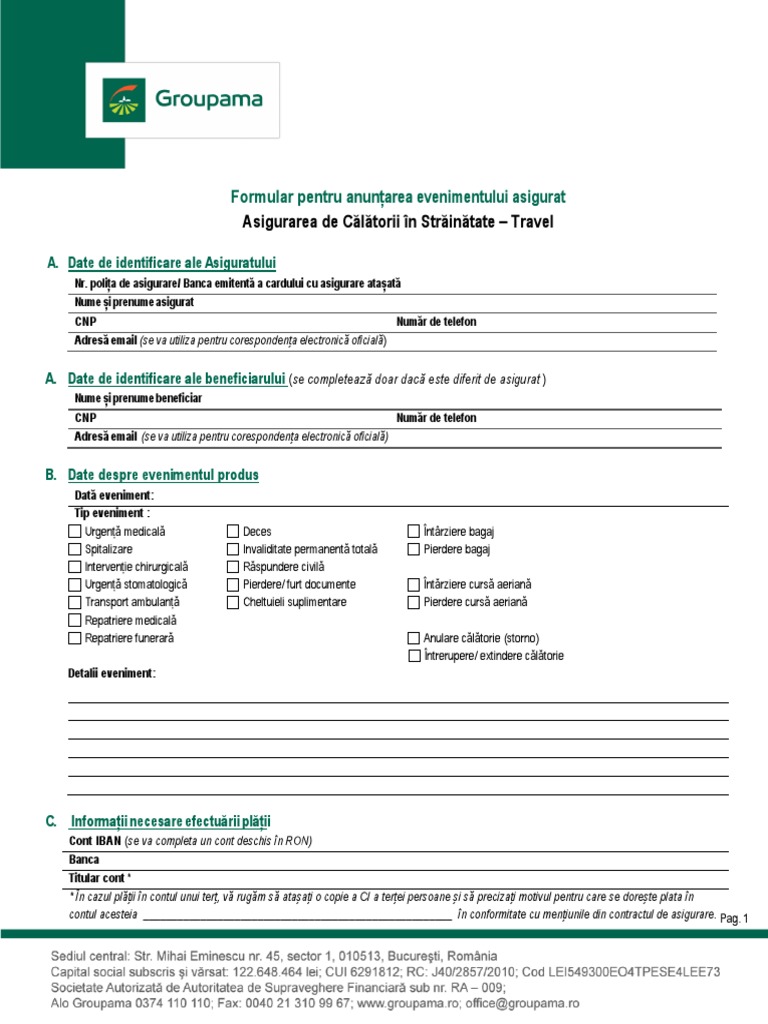 Formular - Pentru - Anuntarea - Evenimentului - Asigurat - Travel - Aug - 2021 | PDF