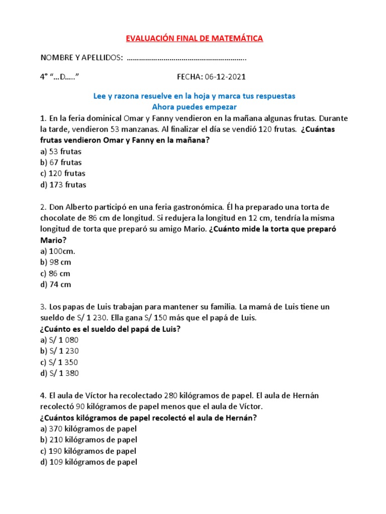 Evaluación Final de Matemática | PDF | Alimentos | Cocina