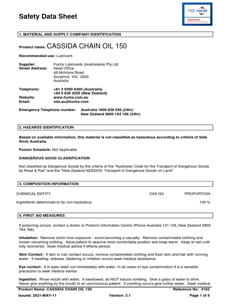 Cassida Chain Oil 150Sds PDF Dangerous Goods Toxicity