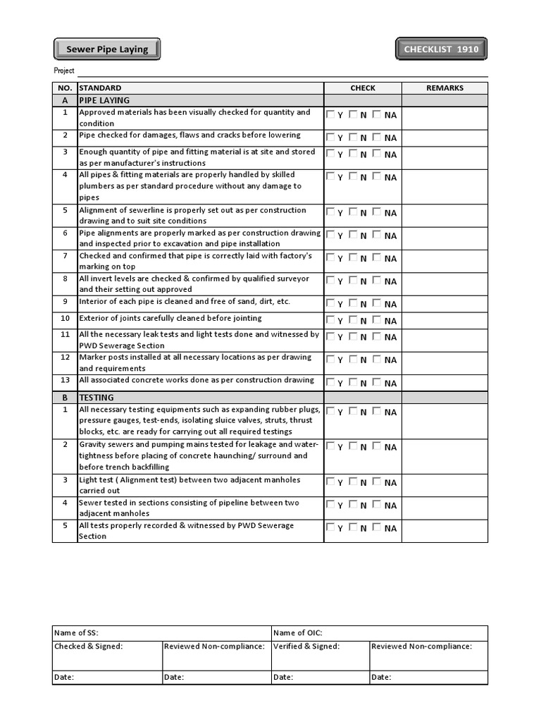 Sewer Pipe Laying Inspection Checklist | PDF | Sanitary Sewer | Pipe ...