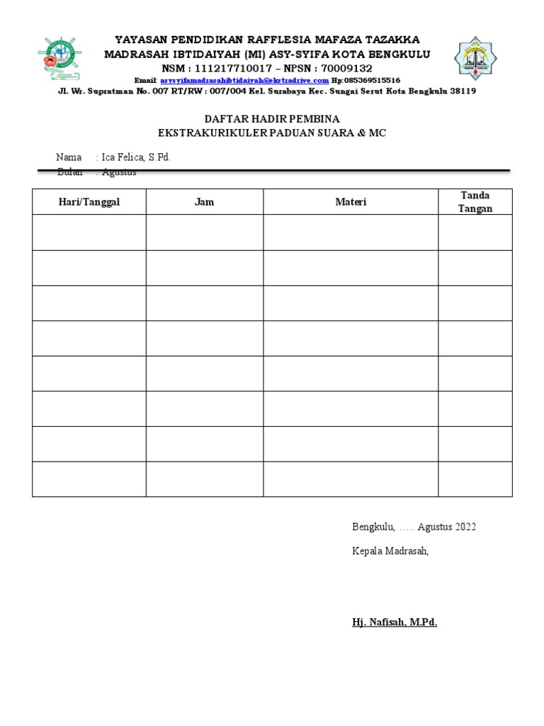 Daftar Hadir Ekstrakurikuler MI Asy-Syifa | PDF