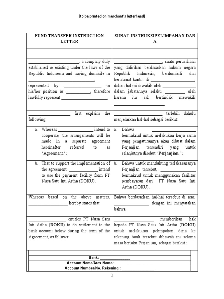 Doku Statement Letter Pelimpahan Dana (Bilingual) | PDF | Pengelolaan ...