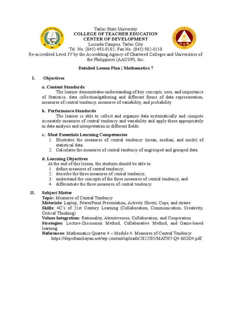 TSU College of Teacher Education Detailed Lesson Plan on Measures of ...