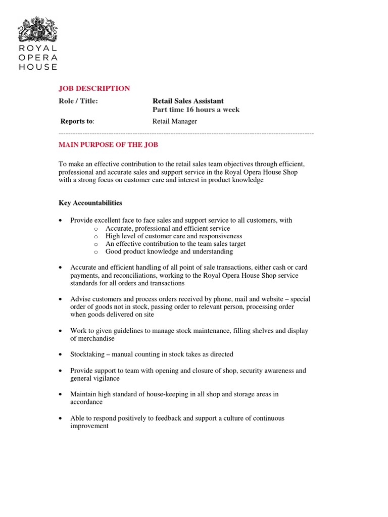 Retail Sales Assistant Job Description Download Free PDF Sales Retail