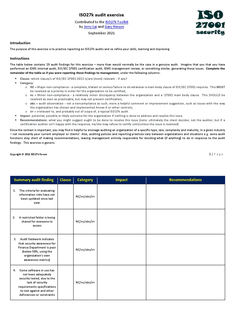 ISO27k Audit Exercise | PDF | Audit | Payment Card Industry Data ...